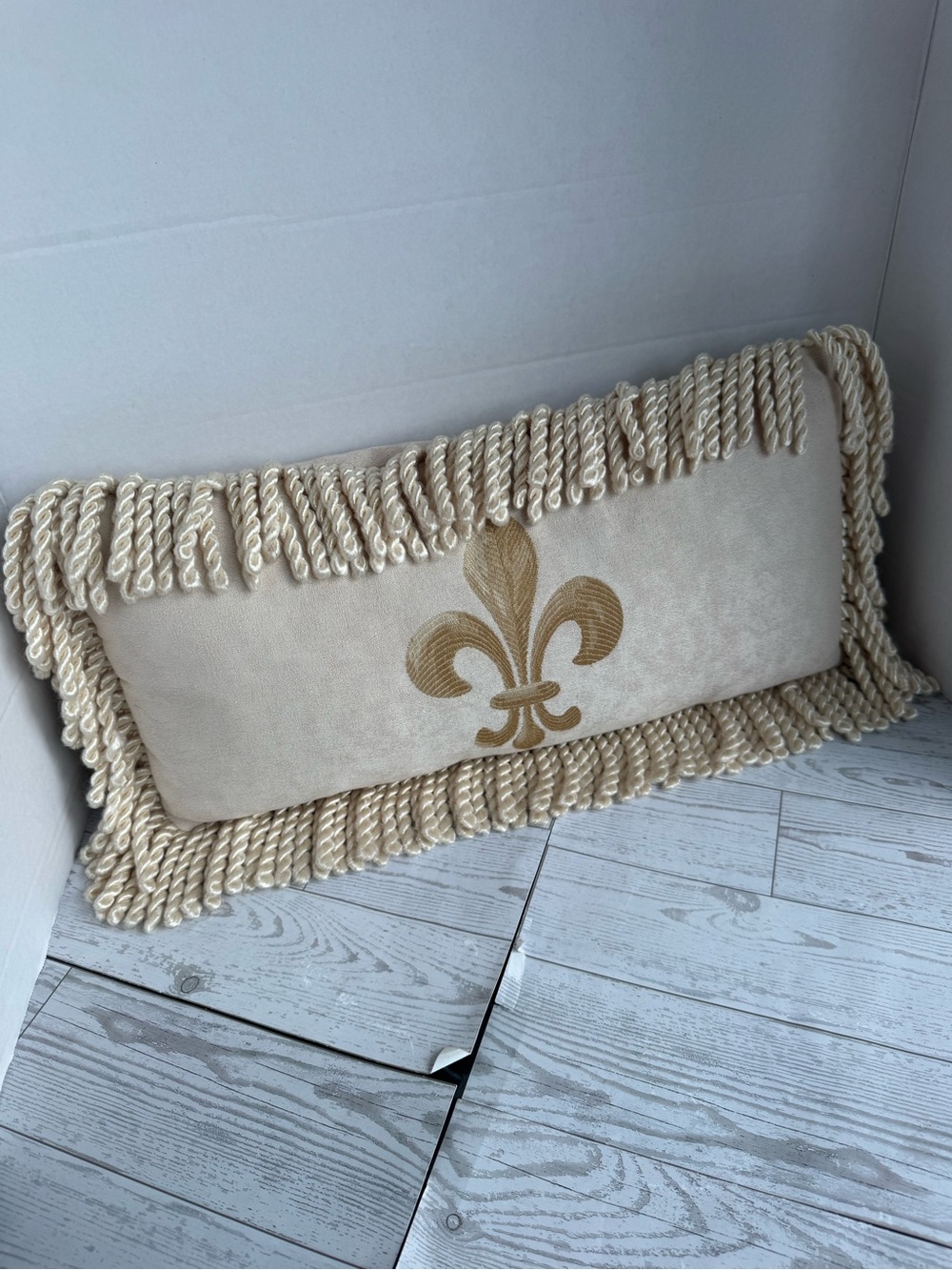Cream Fleur-de-Lis Decorative Throw Pillow with Fringe